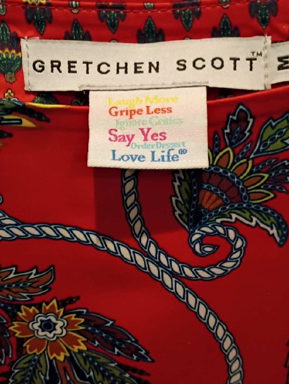 FINAL PRICE Gretchen Scott Red Multicolored Paisley Rope Print Blouse